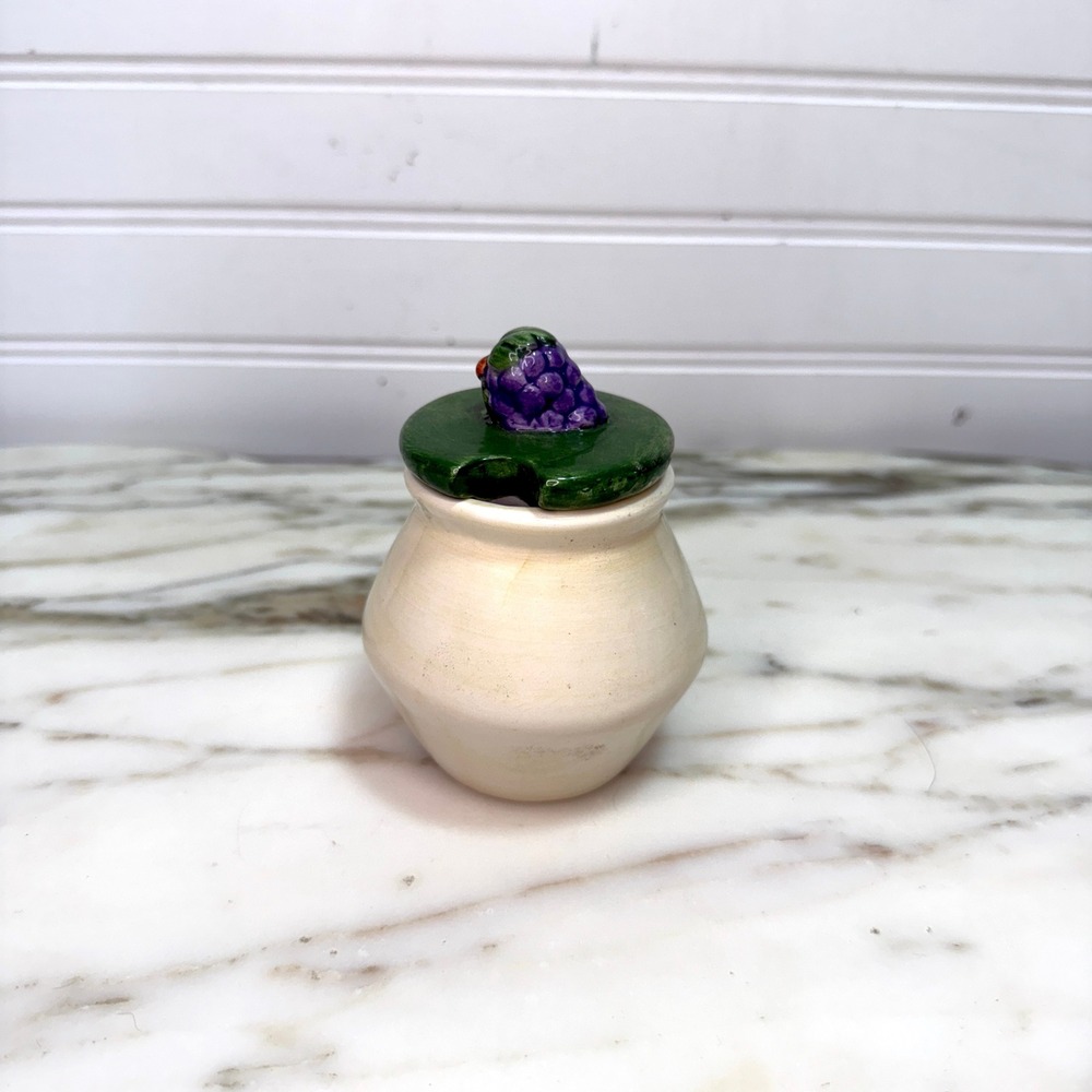 Vintage Mini Ceramic Grape Jar with Lid, Hand Painted Fruit Kitchen Decor